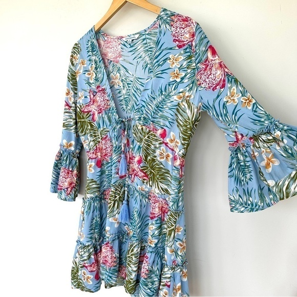 Blue  Island swim coverup or beach dress, 3/4 length sleeves, ruffled - Picture 6 of 11